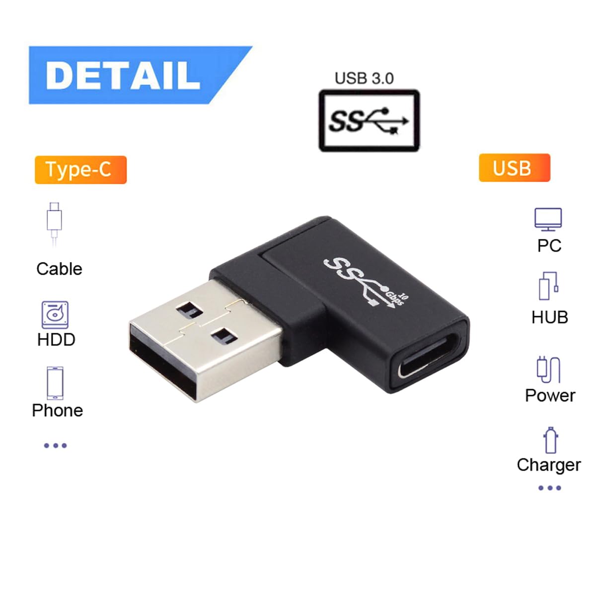 CY USB-C Type C Female to USB 3.0 A Male Data Adapter Flat Horizontal 90 Degree Right Angled for Laptop Desktop