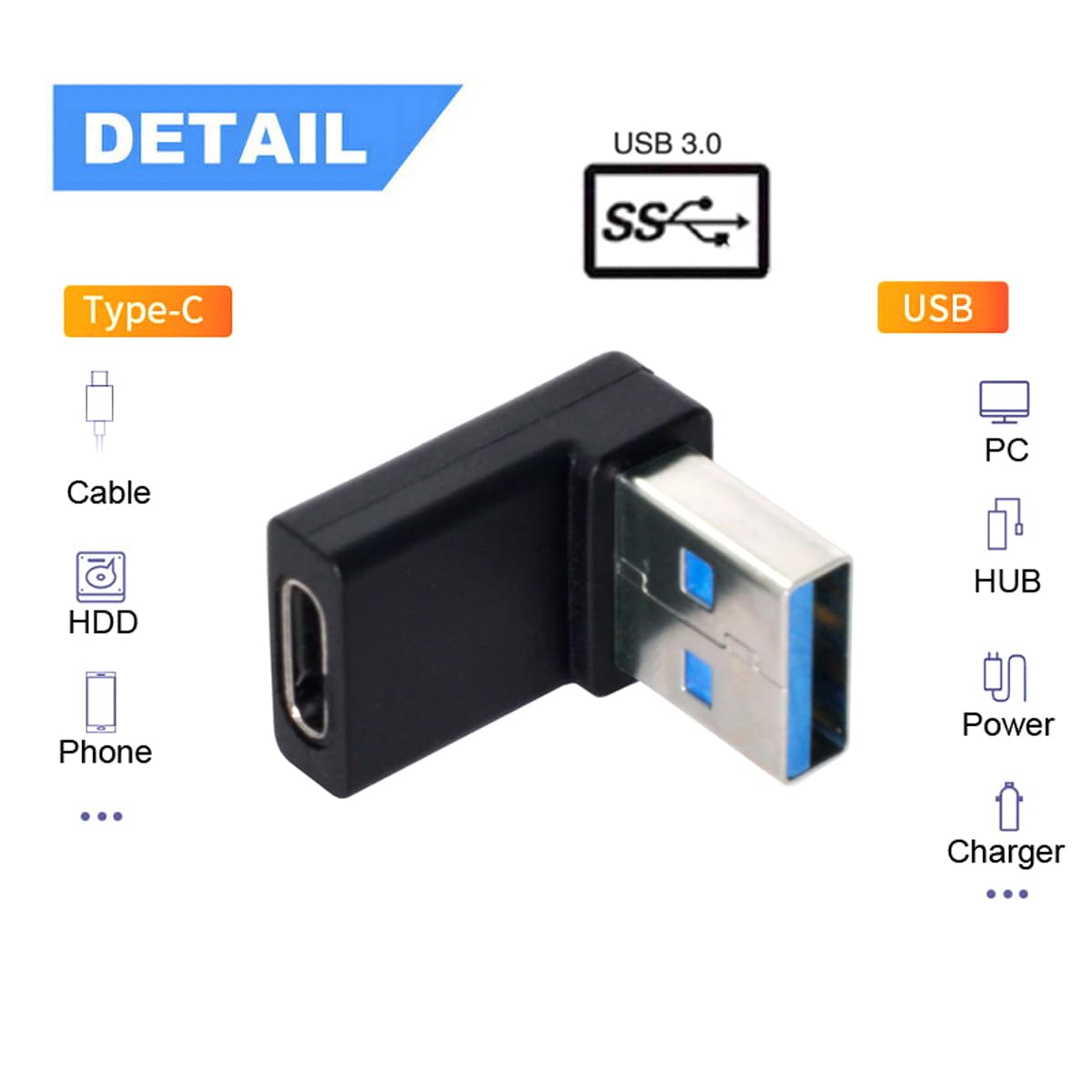 CY USB-C Type C Female 90 Degree Down Angled to USB 3.0 A Male Data Adapter for Laptop Desktop