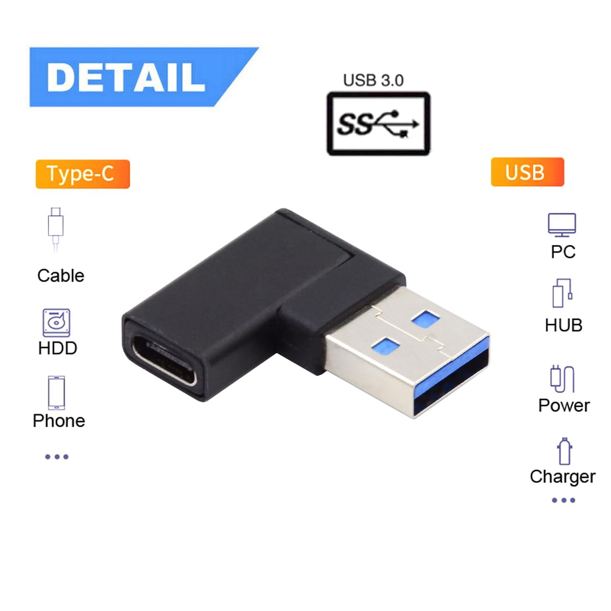 CY USB-C Type C Female to USB 3.0 A Male Data Adapter Flat Horizontal 90 Degree Left Angled for Laptop Desktop