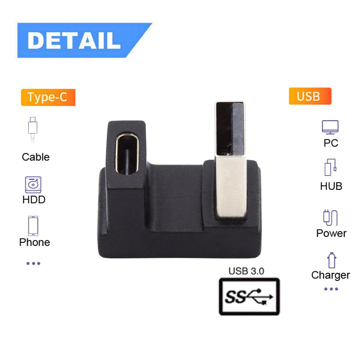 CY USB-C Type C Female Up Opposite U Shape Back Angled to USB 3.0 A Male Data Adapter for Laptop Desktop