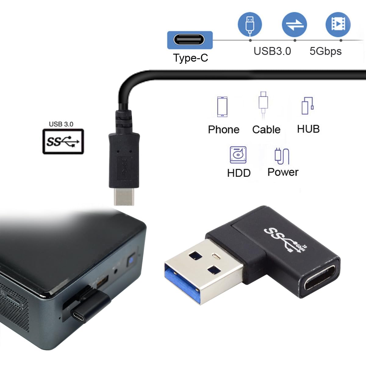 CY USB-C Type C Female to USB 3.0 A Male Data Adapter Flat Horizontal 90 Degree Left Angled for Laptop Desktop