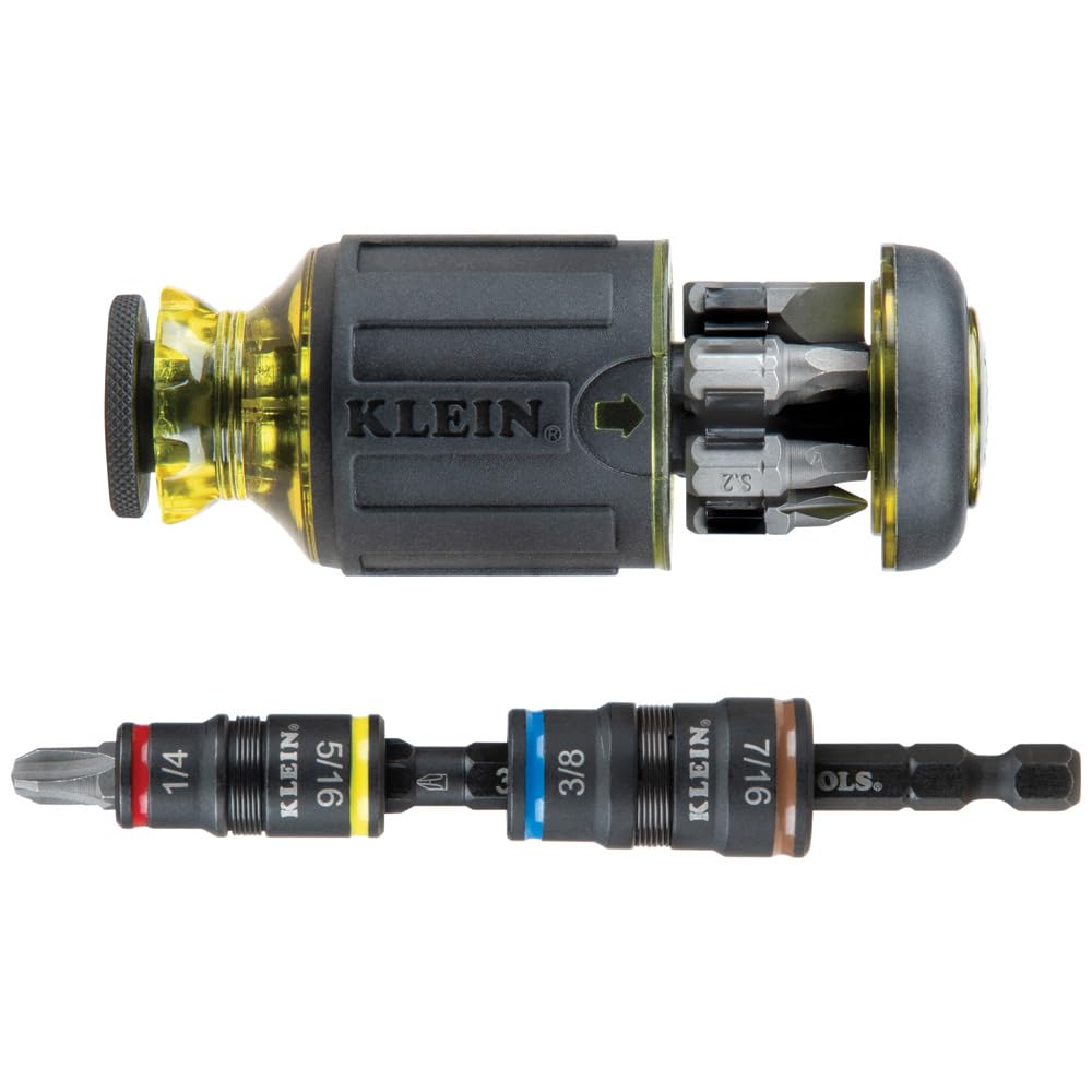Klein Tools 32308HD Impact Driver Set, 12-in-1 Stubby Driver Set, 2 Hex Flip Sockets, 7 Bits, 1/4-Inch Deep Bit Holding Feature