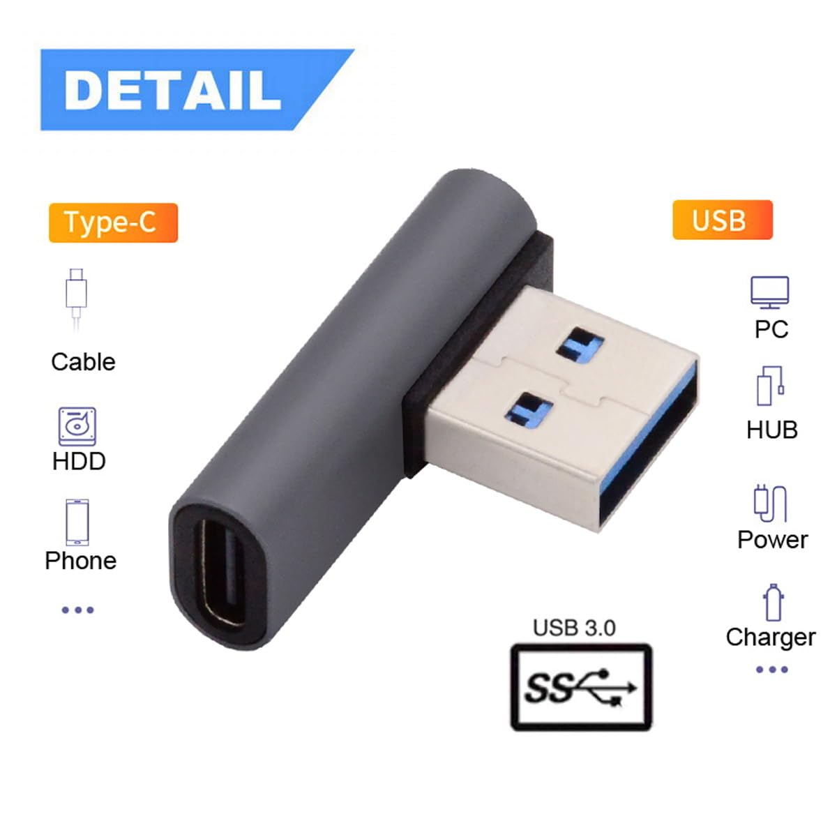 CY USB-C Type C Female Low Profile 90 Degree Left Angled to USB 3.0 A Male Data Adapter for Laptop Desktop