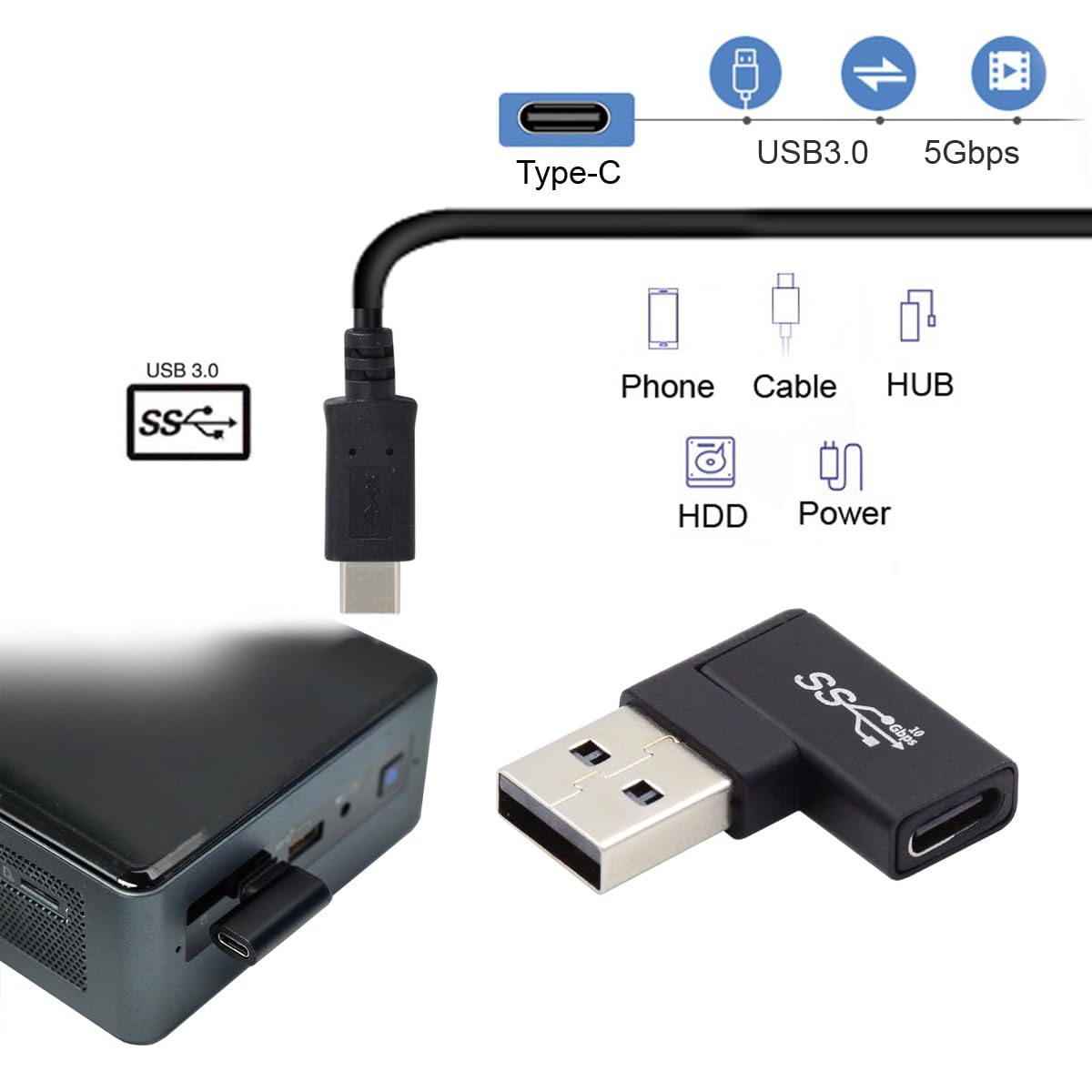CY USB-C Type C Female to USB 3.0 A Male Data Adapter Flat Horizontal 90 Degree Right Angled for Laptop Desktop