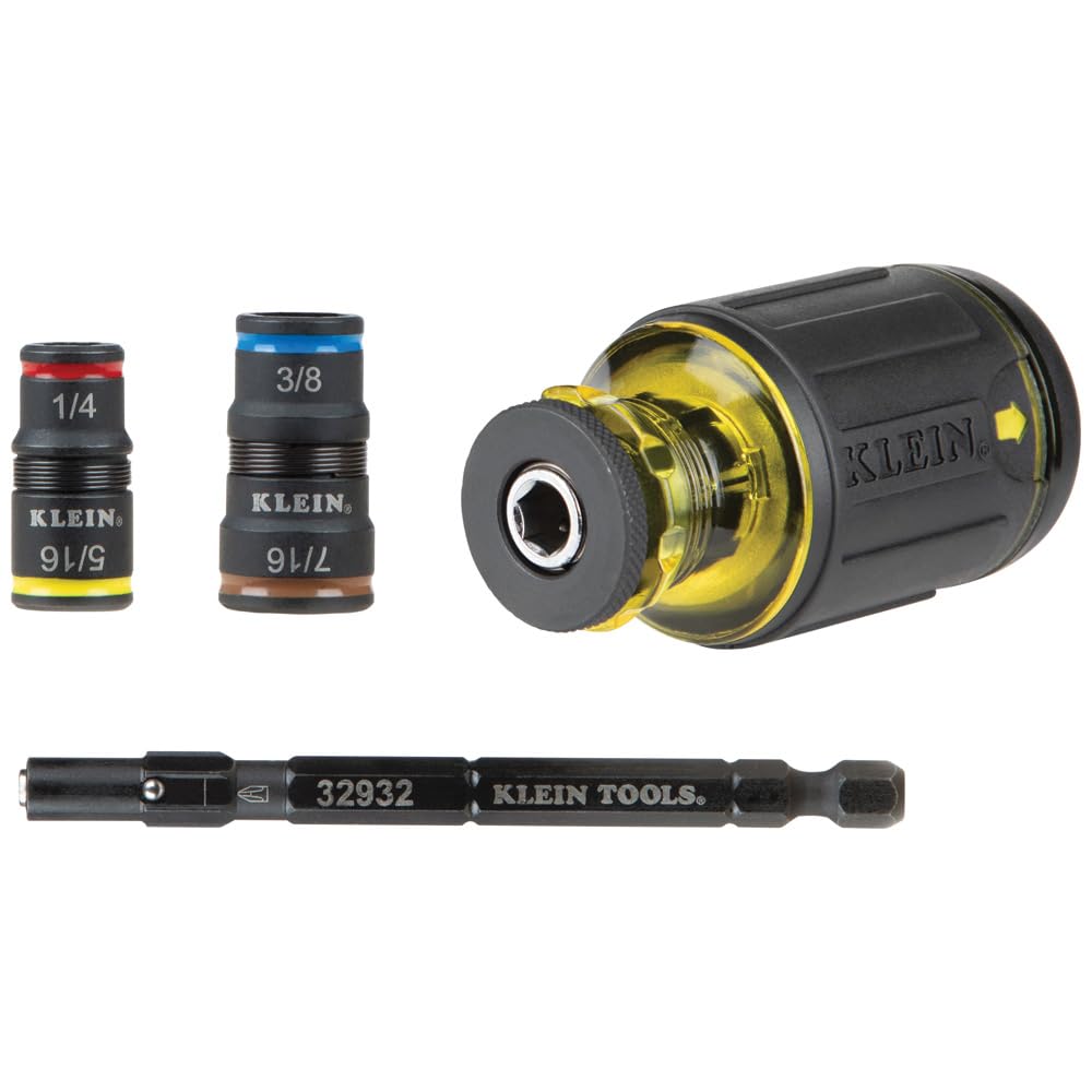 Klein Tools 32308HD Impact Driver Set, 12-in-1 Stubby Driver Set, 2 Hex Flip Sockets, 7 Bits, 1/4-Inch Deep Bit Holding Feature