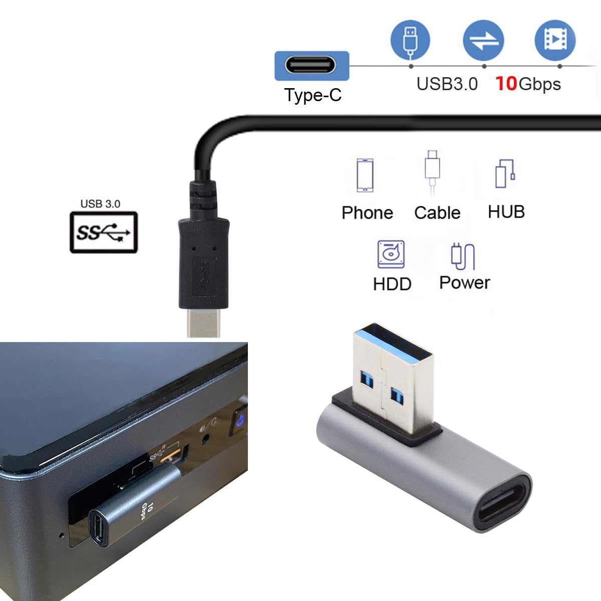CY USB-C Type C Female Low Profile 90 Degree Left Angled to USB 3.0 A Male Data Adapter for Laptop Desktop