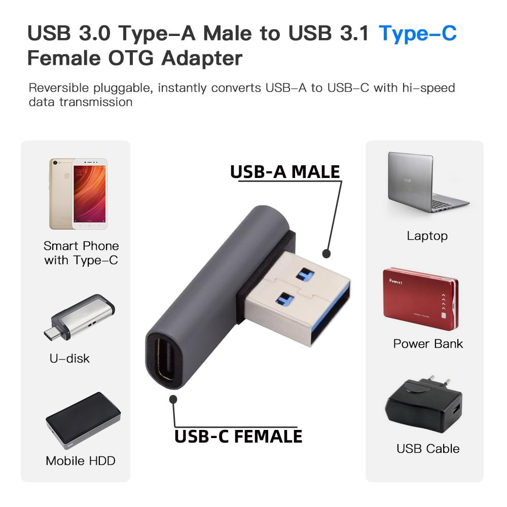 CY USB-C Type C Female Low Profile 90 Degree Left Angled to USB 3.0 A Male Data Adapter for Laptop Desktop