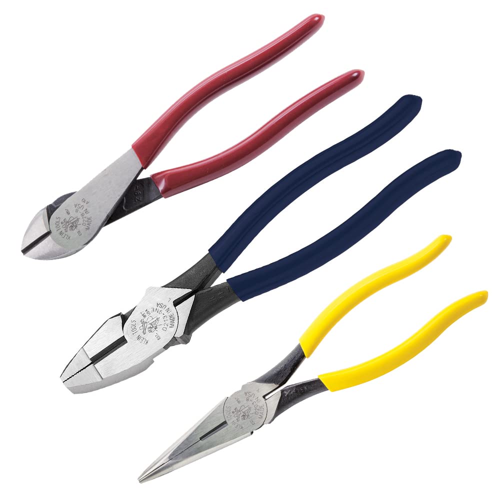 Klein Tools 80020 Plier Set, Made in USA, Lineman's Pliers, Diagonal Cutters, and Needle Nose Pliers, Induction Hardened Knives, 3-Piece