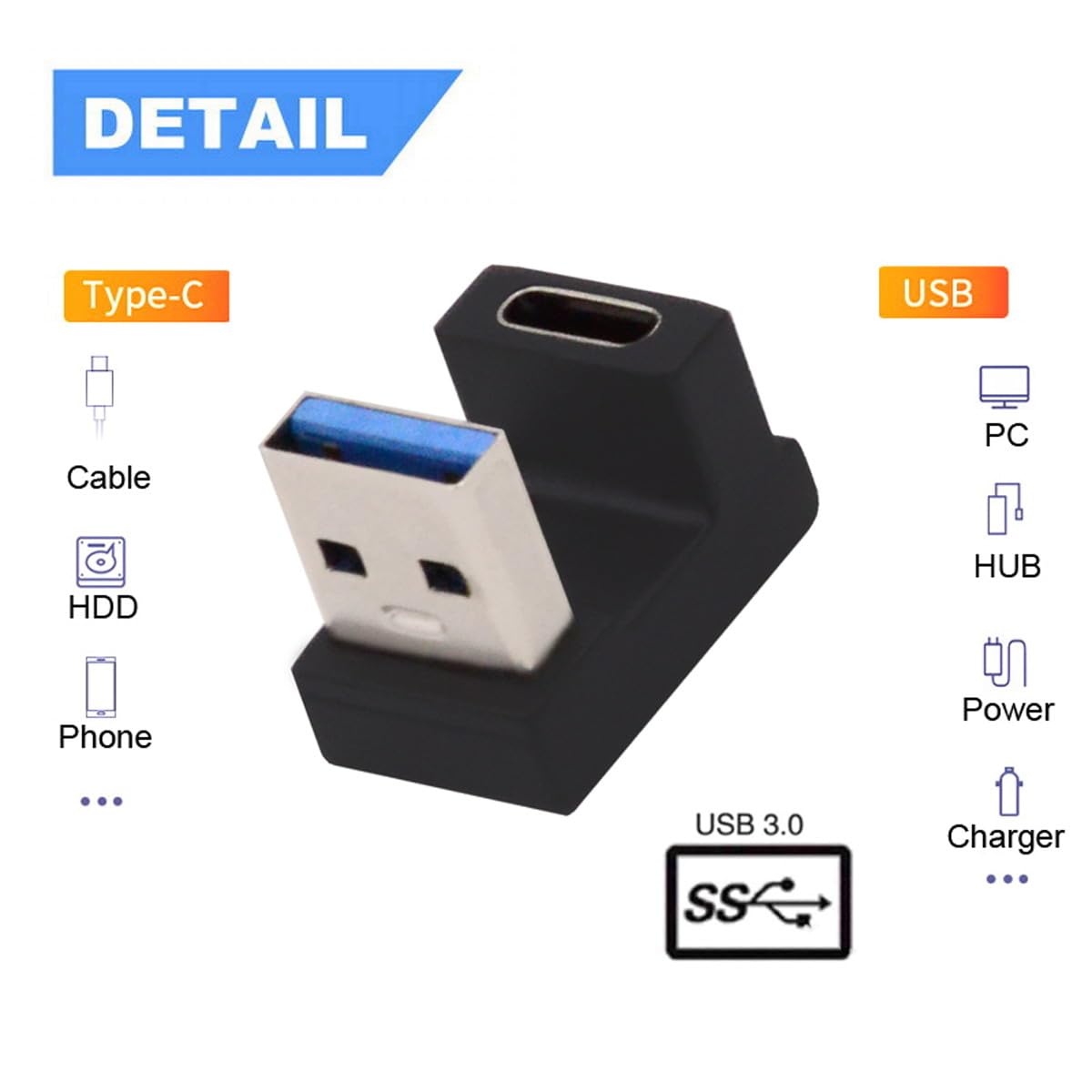 CY USB-C Type C Female Opposite U Shape Back Angled to USB 3.0 A Male Data Adapter for Laptop Desktop