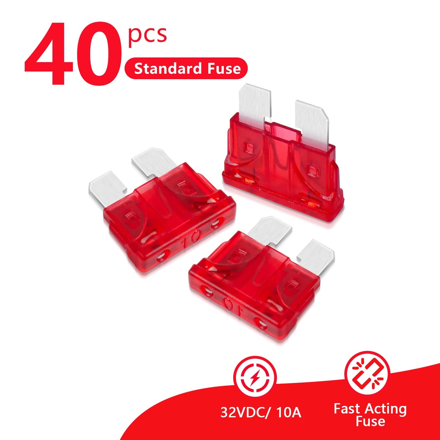 (40Pcs) 10 Amp Standard Automotive Fuse, 10A 12V 24V 32V Car Blade Fuses ATO APR ATS for Car/RV/Truck/SUV/Motorcycle/Boat