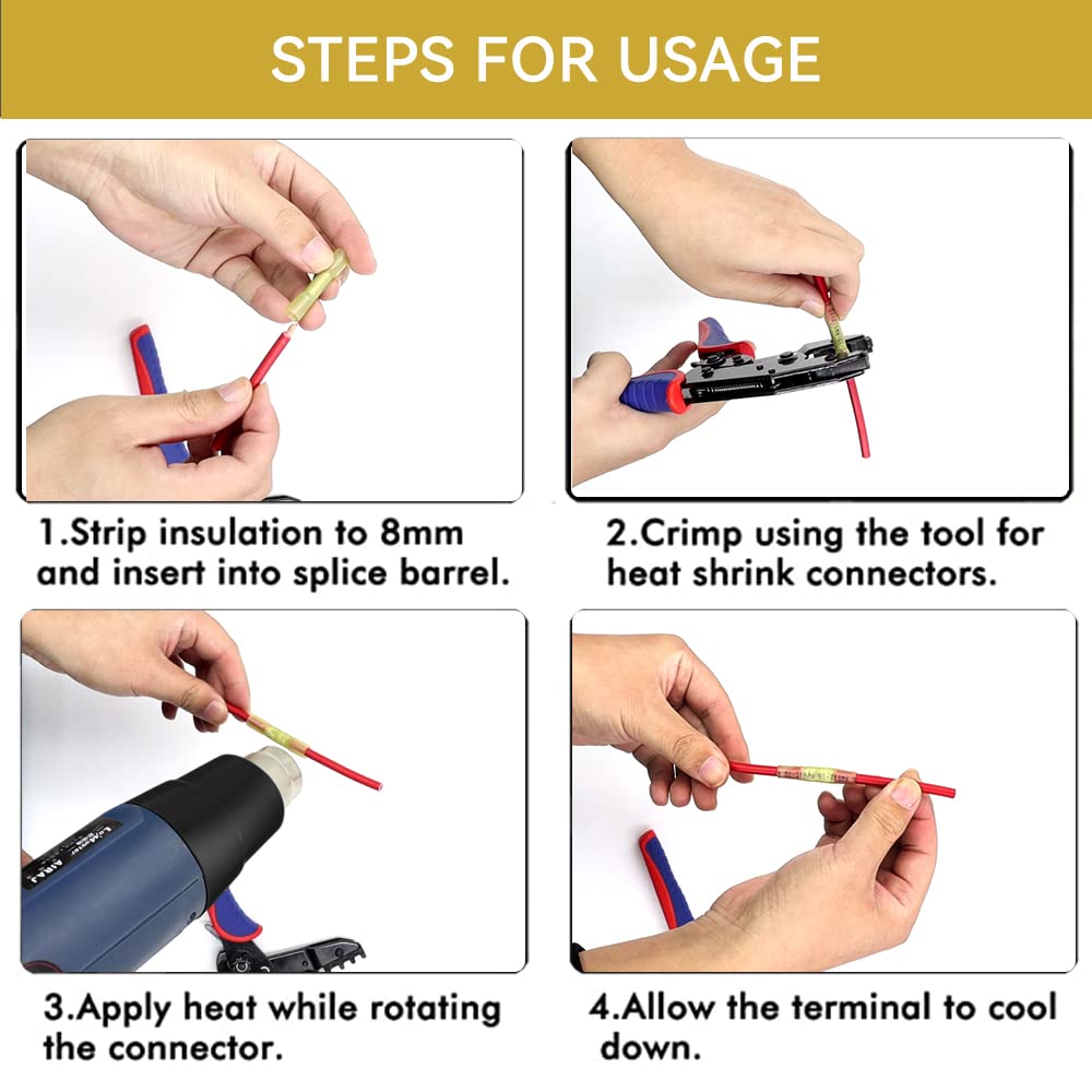 HKS 200 PCS Yellow Heat Shrink Butt Connector 12-10 AWG - Electrical Connectors - Tinned Red Copper 1mm - Automotive Marine Stereo Boat Crimp - Waterproof and Insulated