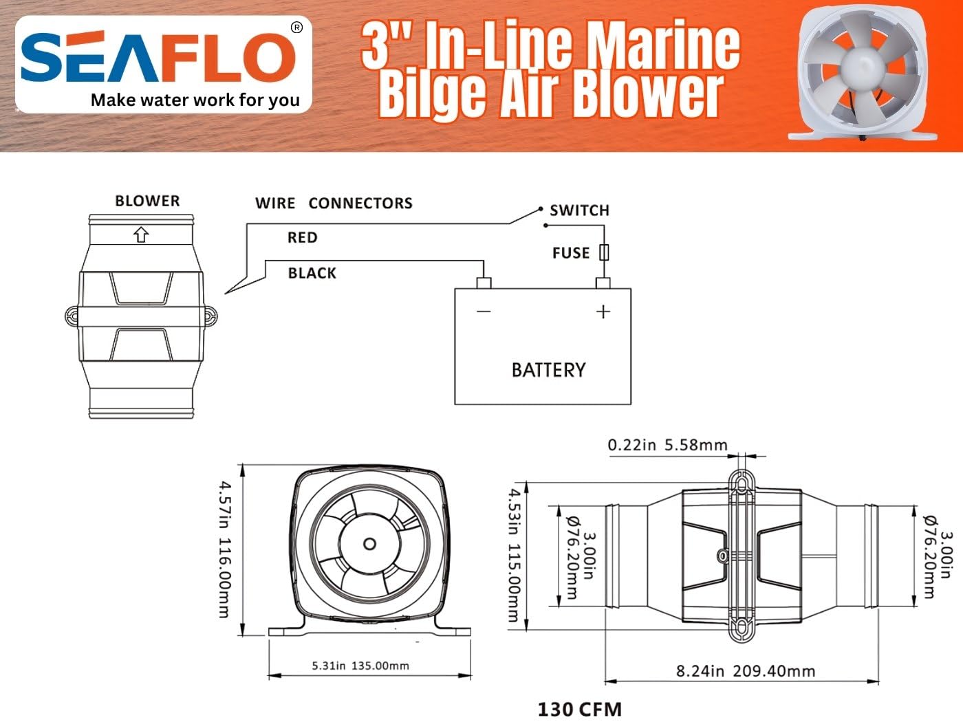 SEAFLO 3" In-Line Marine Bilge Air Blower 12V 130 CFM Ultra-Quiet White for Yacht/Sailboat/Boat - Model Number:SFIB1-130-01