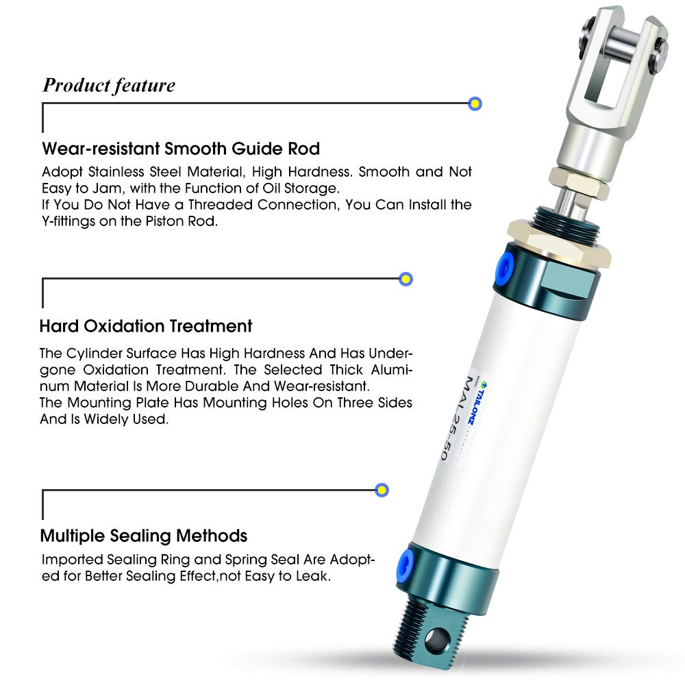 TAILONZ PNEUMATIC 25mm Bore 50mm Stroke Air Cylinder Double Action with Y Connector and 2Pcs 6mm Fitting MAL25x50