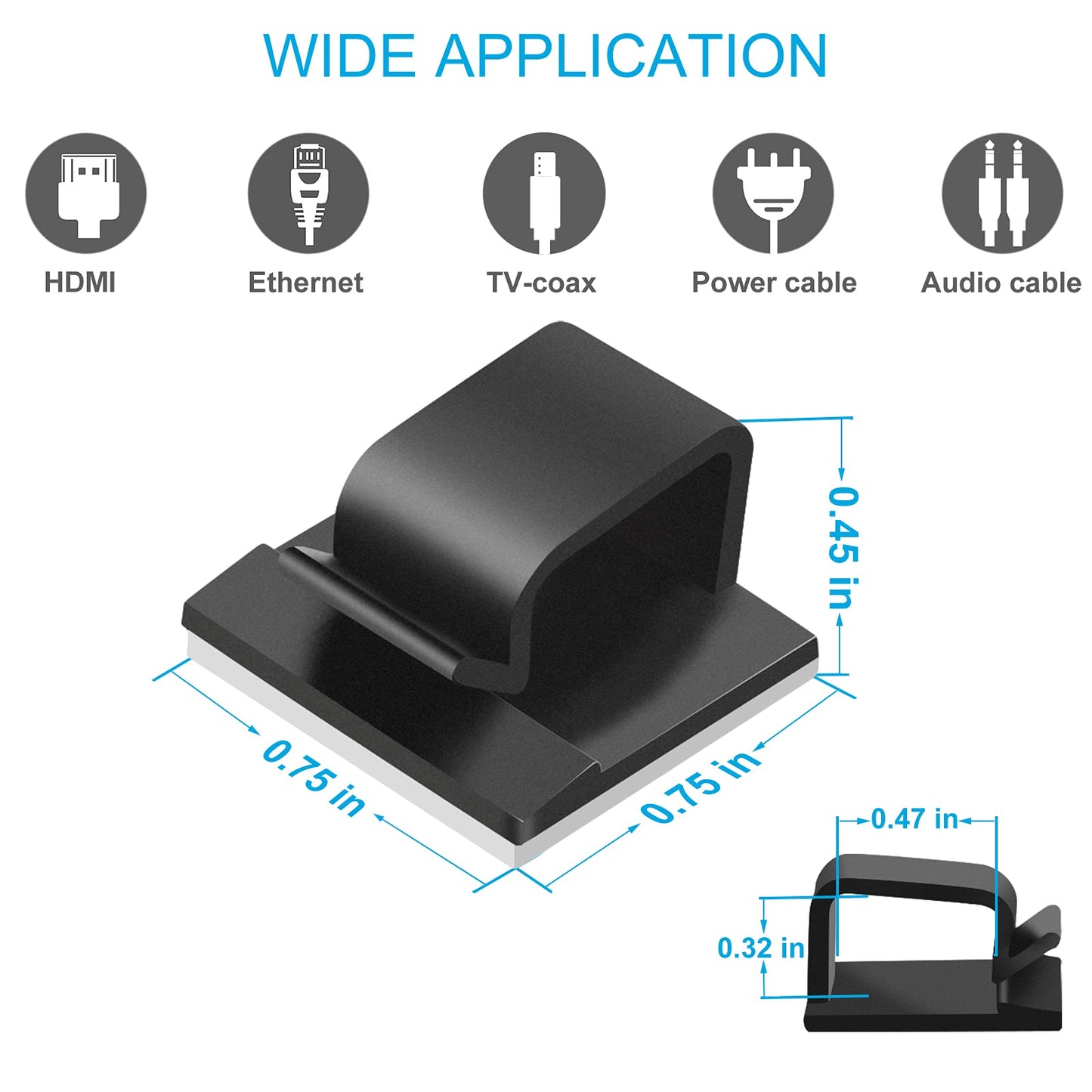 Large Adhesive Cable Clips (45 PCS, Black), Upgraded Wire Clips For Electric Wires, Cord Clips Adhesive Wire Holders For Cable Management Under Desk, Car, Wall, Extension Cord, Ethernet Cable, TV-Coax