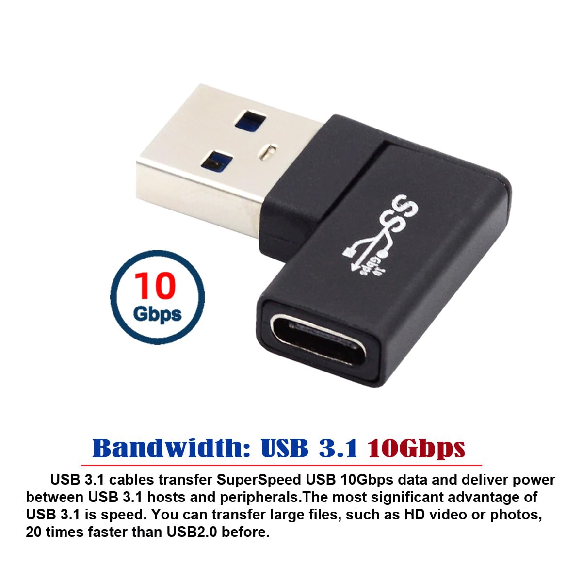 CY USB-C Type C Female to USB 3.0 A Male Data Adapter Flat Horizontal 90 Degree Left Angled for Laptop Desktop