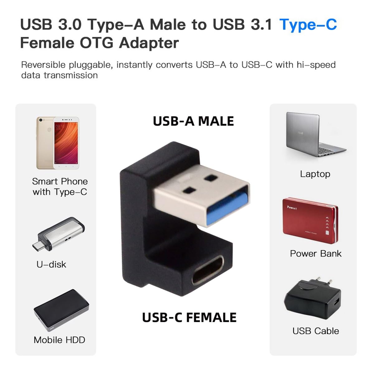 CY USB-C Type C Female Opposite U Shape Back Angled to USB 3.0 A Male Data Adapter for Laptop Desktop