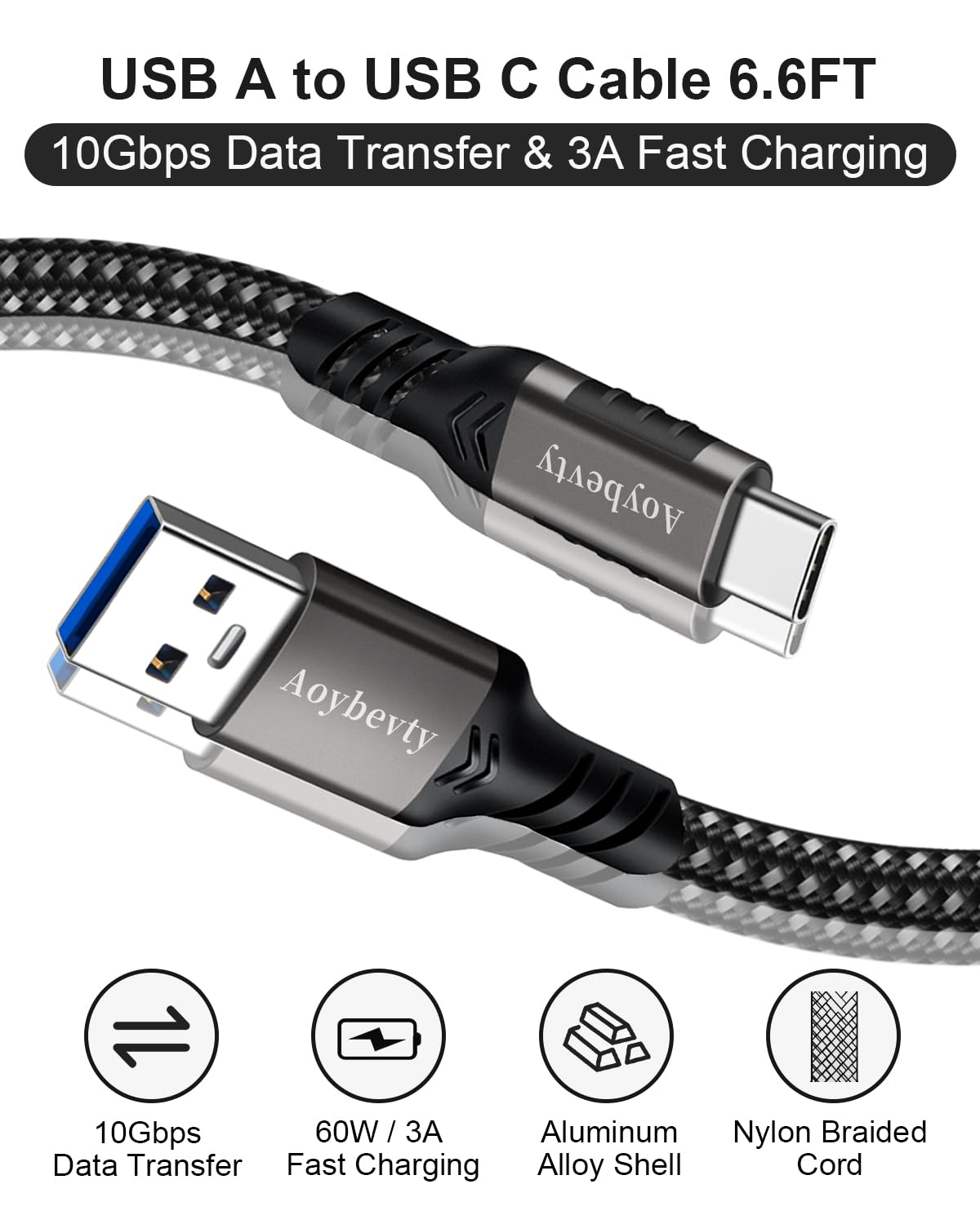 USB A to USB C Cable 6.6ft, 10Gbps Data Transfer and 60W 3A Fast Charging Cable, USB C 3.1/3.2 Cable for Android Auto Samsung S21/S20/S10/Note 20, iPad Pro, Sony XZ, LG Other Type-C Devices