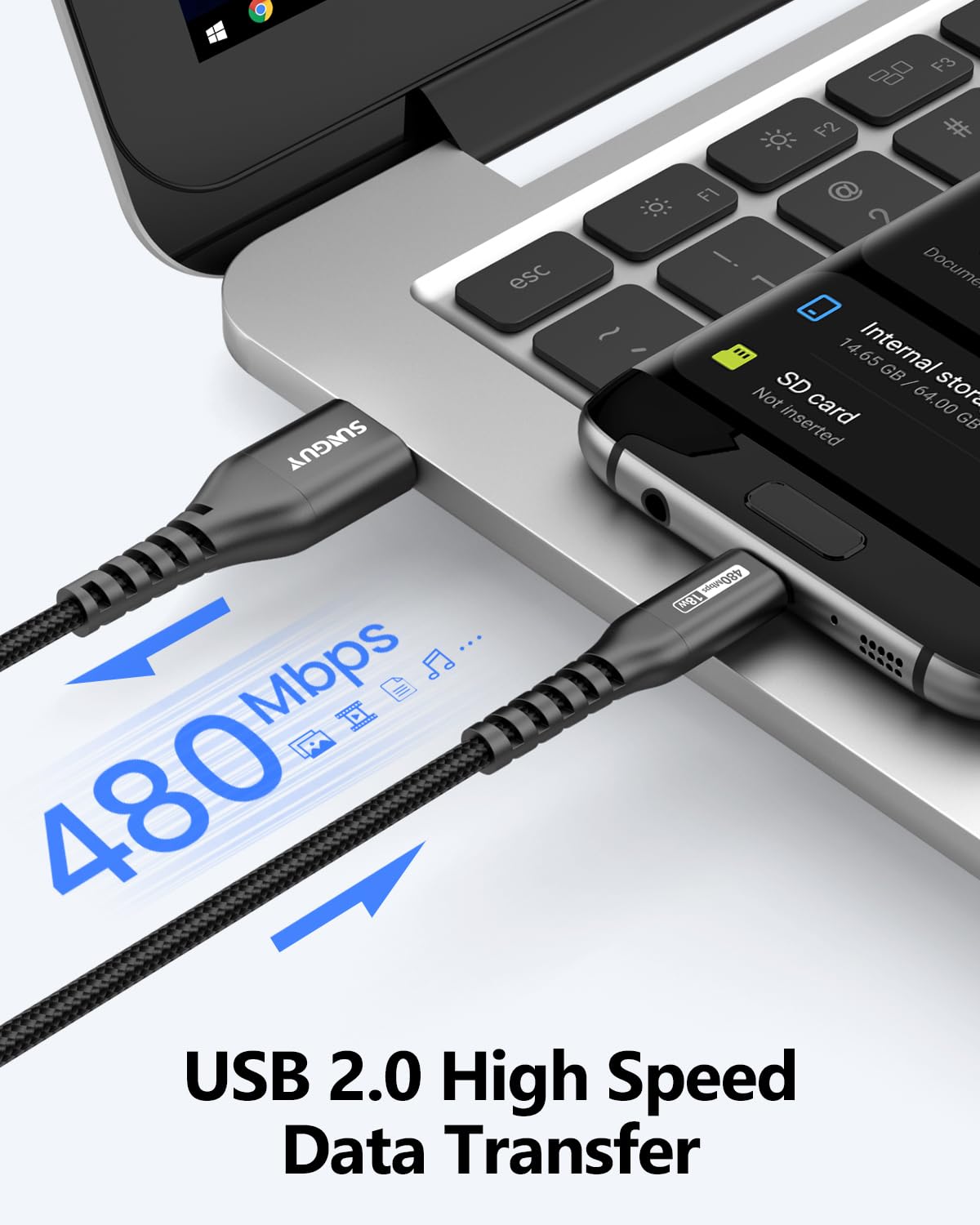 SUNGUY Micro USB Cable 10FT, 18W USB to Micro USB Cable Fast Charging USB 2.0 Data Transfer Nylon Braided for Samsung Galaxy S7 Edge S6, Power Bank, Android Phone, PS-Black