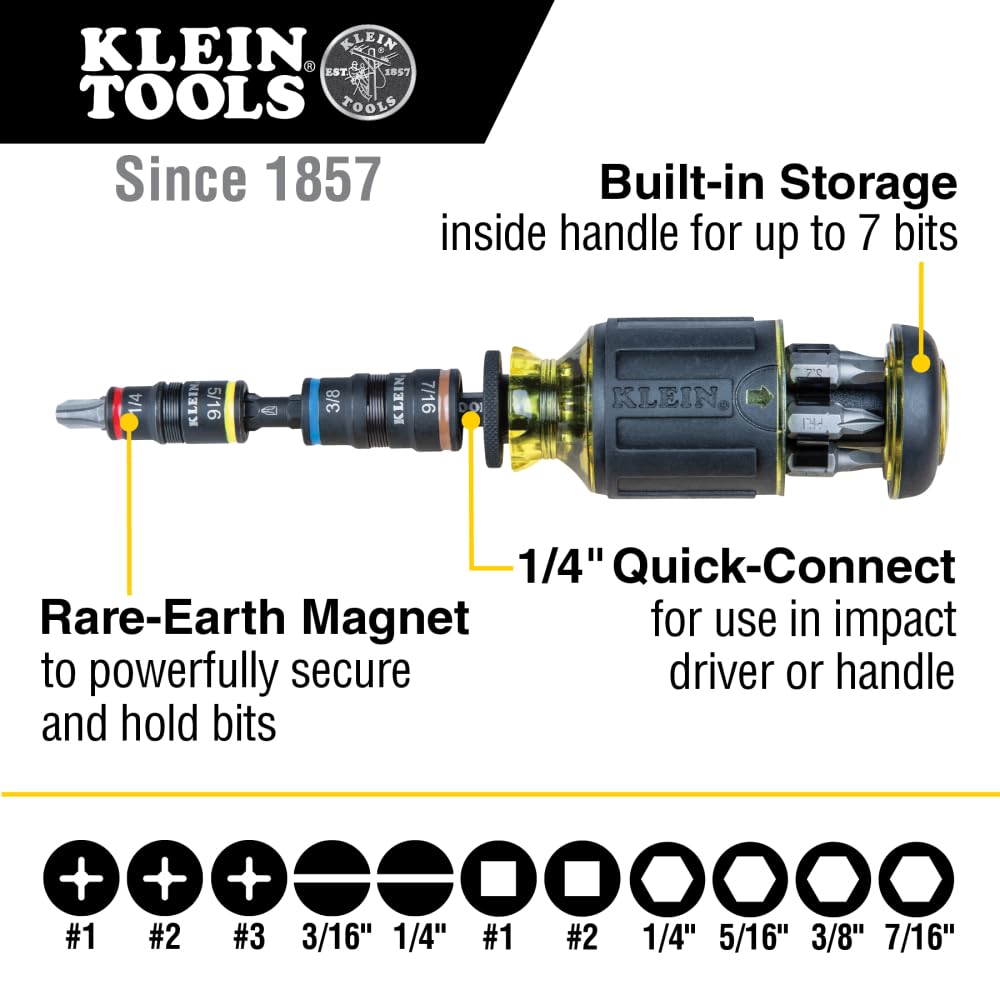 Klein Tools 32308HD Impact Driver Set, 12-in-1 Stubby Driver Set, 2 Hex Flip Sockets, 7 Bits, 1/4-Inch Deep Bit Holding Feature