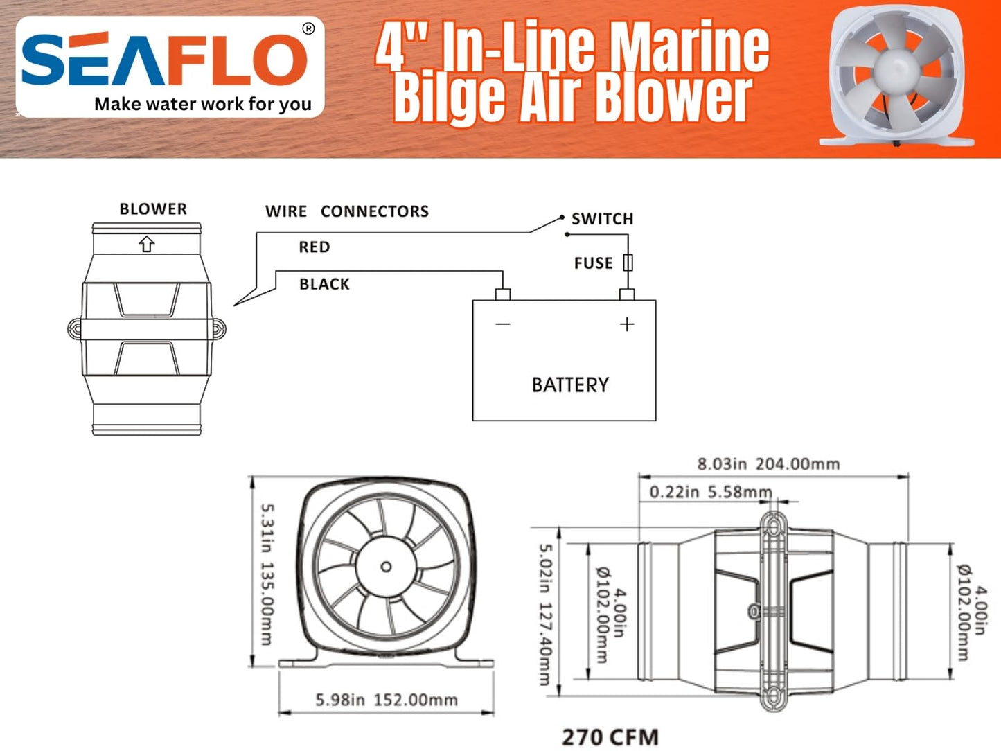 SEAFLO 4" In-Line Marine Bilge Air Blower 12V 270 CFM Quiet Boat White