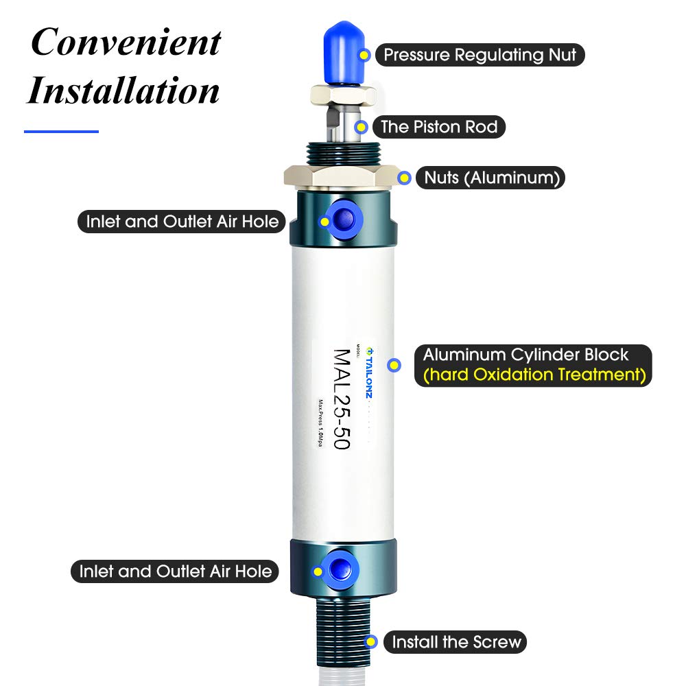 TAILONZ PNEUMATIC 25mm Bore 50mm Stroke Air Cylinder Double Action with Y Connector and 2Pcs 6mm Fitting MAL25x50