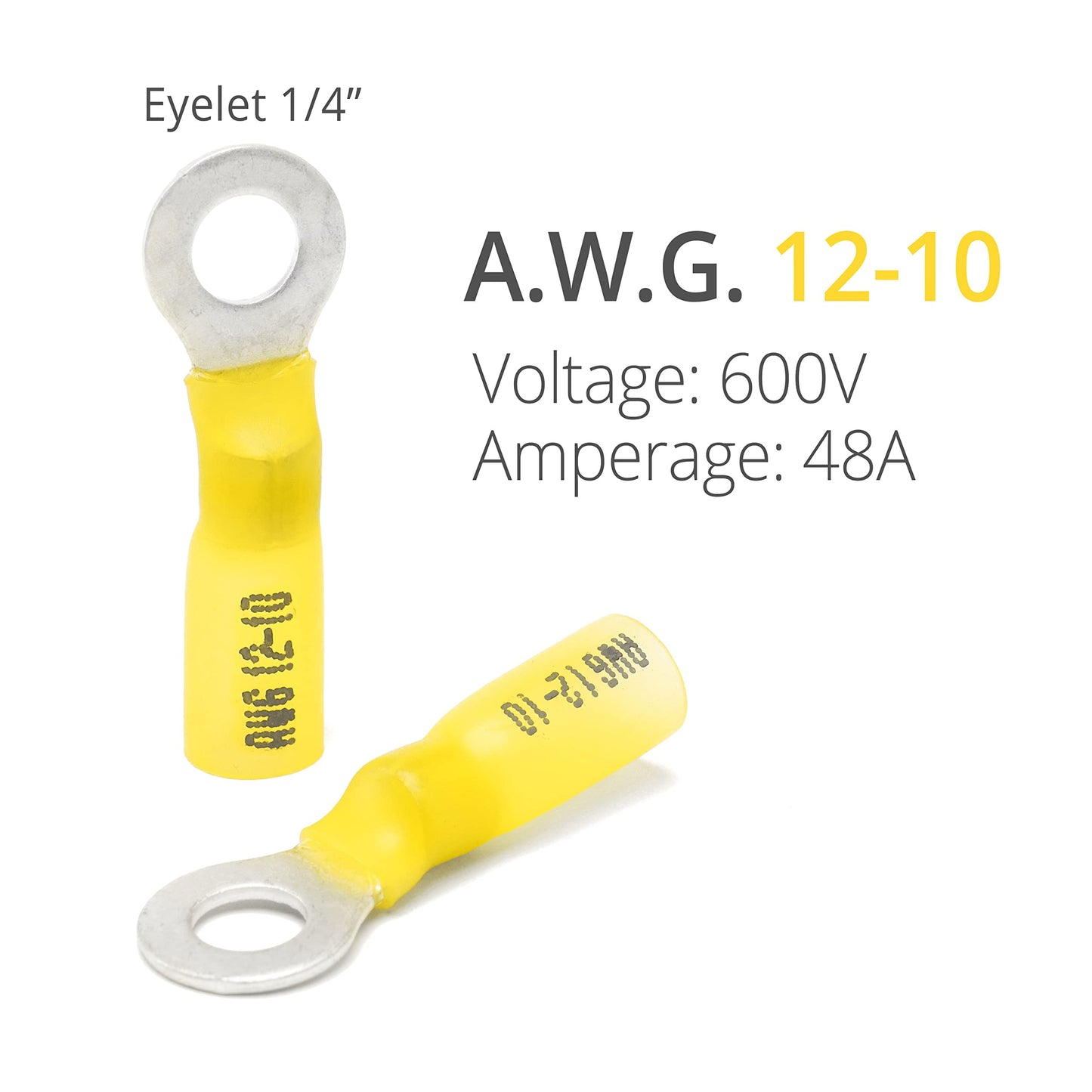 Wirefy 90 PCS Heat Shrink Ring Terminals 1/4" - a Resistant Ring Connectors - Eyelet Wire Connectors - Yellow 10-12 AWG