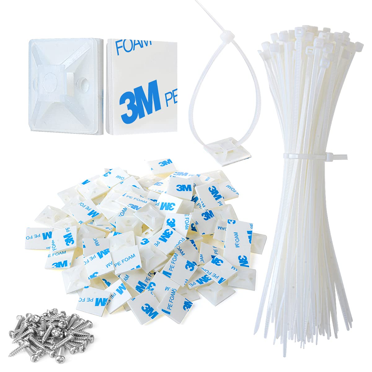 3/4" 3M Back-Glue Self Adhesive White Strong Cable Zip Tie Mounts 100pcs with 8" Ties, Screws, Outdoor Sticky Wire Fasteners Cable Clips Management Anchors Organizer Holders Squares