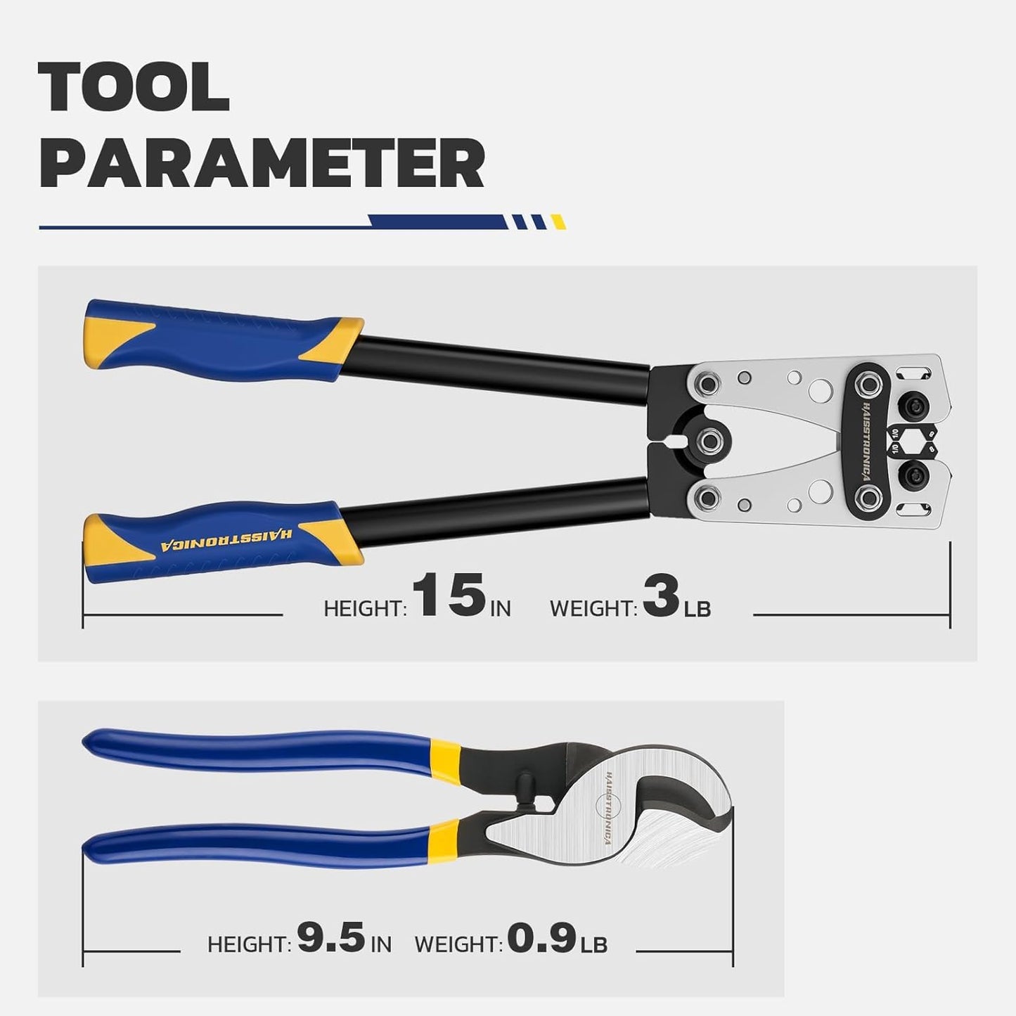 haisstronica Heavy Duty Battery Cable Crimping Tool Kit-Ratchet Hex Extended Handle Crimper for 8,6,4,2,1,1/0 AWG Copper Lugs with Cable Cutter