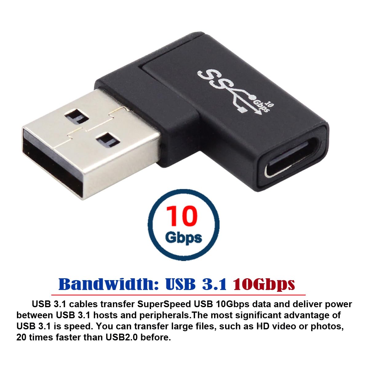 CY USB-C Type C Female to USB 3.0 A Male Data Adapter Flat Horizontal 90 Degree Right Angled for Laptop Desktop