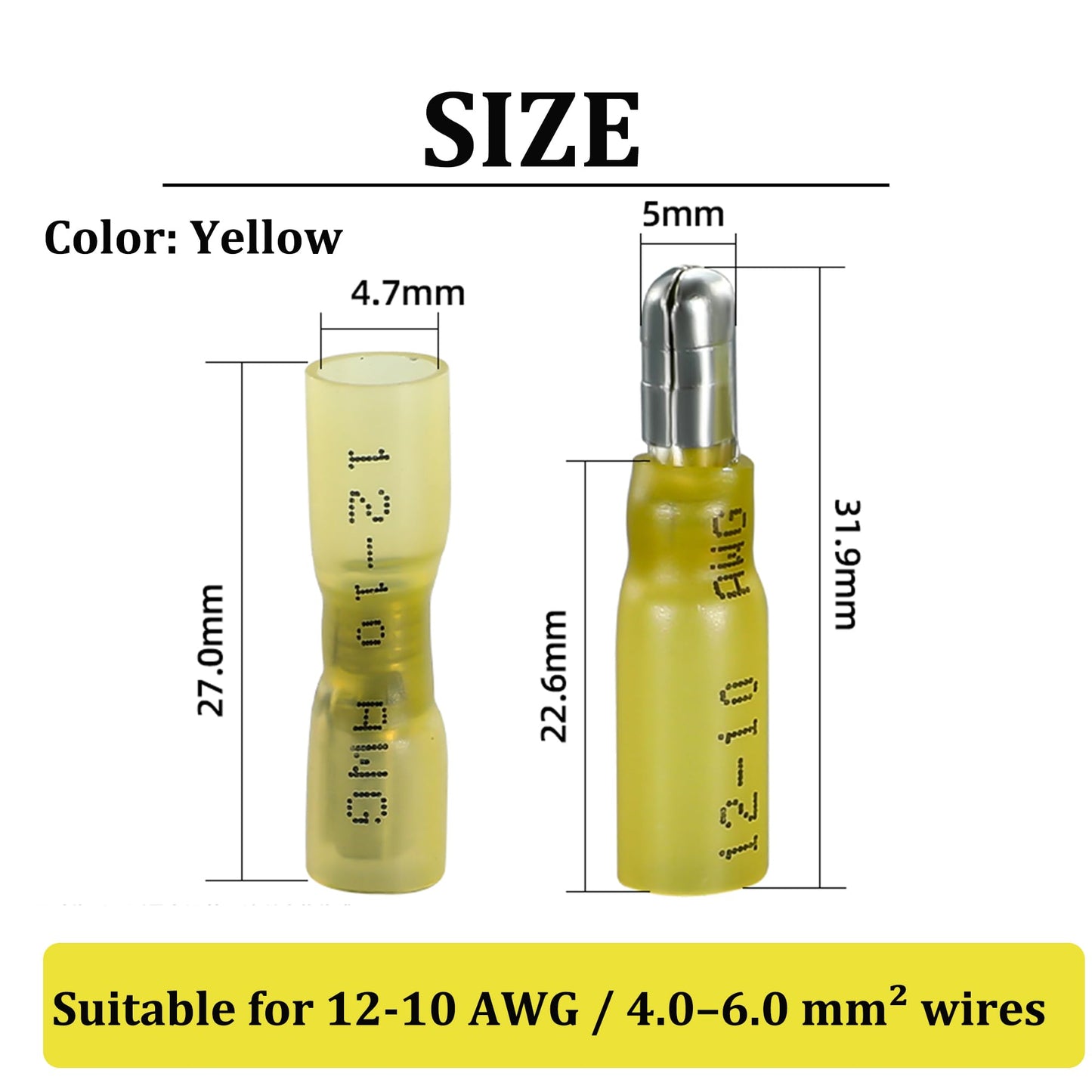 200PCS Heat Shrink Bullet Connectors, Bullet Terminals, Female and Male Crimp Connectors for Watercraft, Electronics, Automotive AWG12-10-Yellow