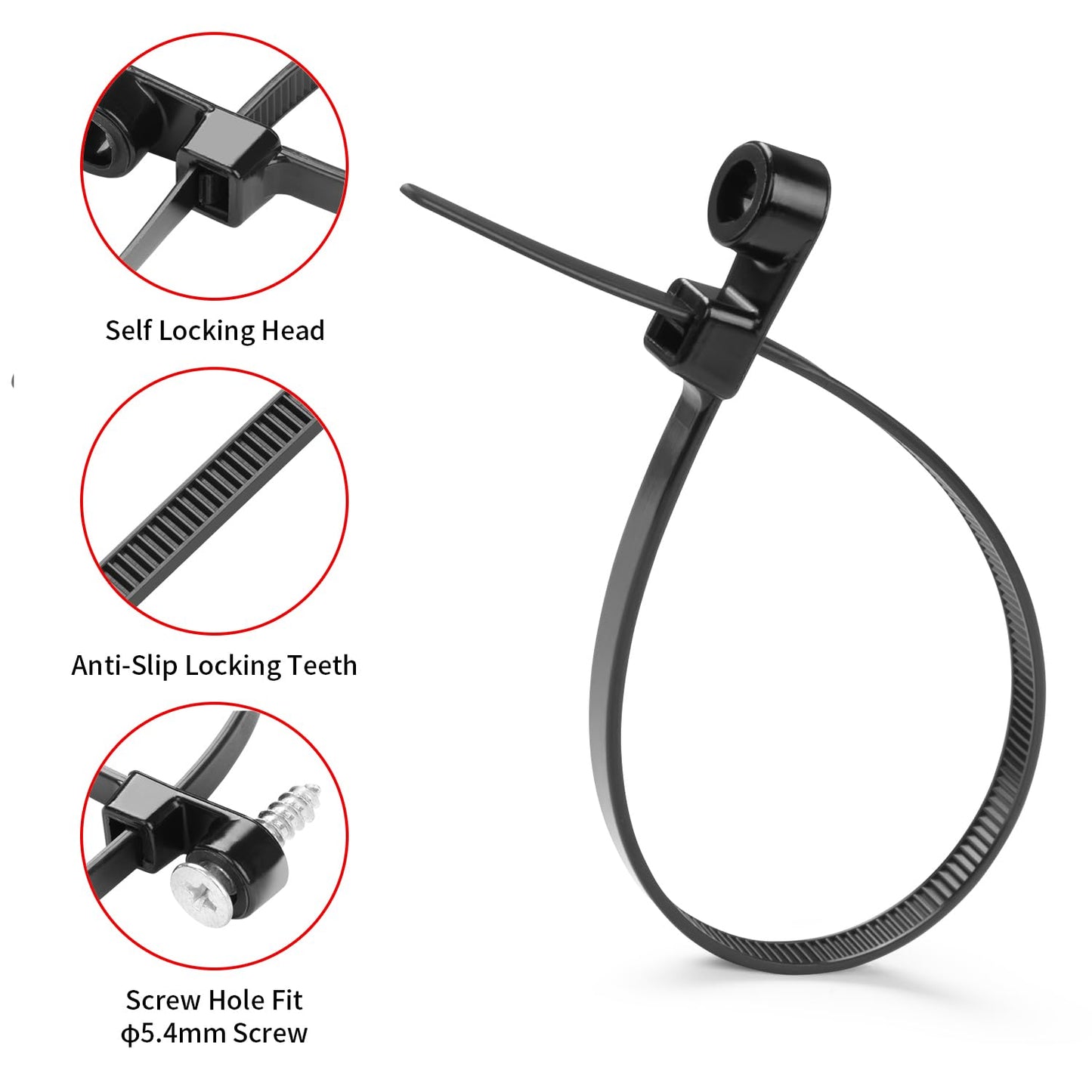 MasiStranth 200 PCS 12 inch Black Zip Ties with Screw Hole 75lbs Mountable head Cable Ties Straps Multipurpose Heavy Duty Nylon Cable Zip Ties with Screw Mounting Hole