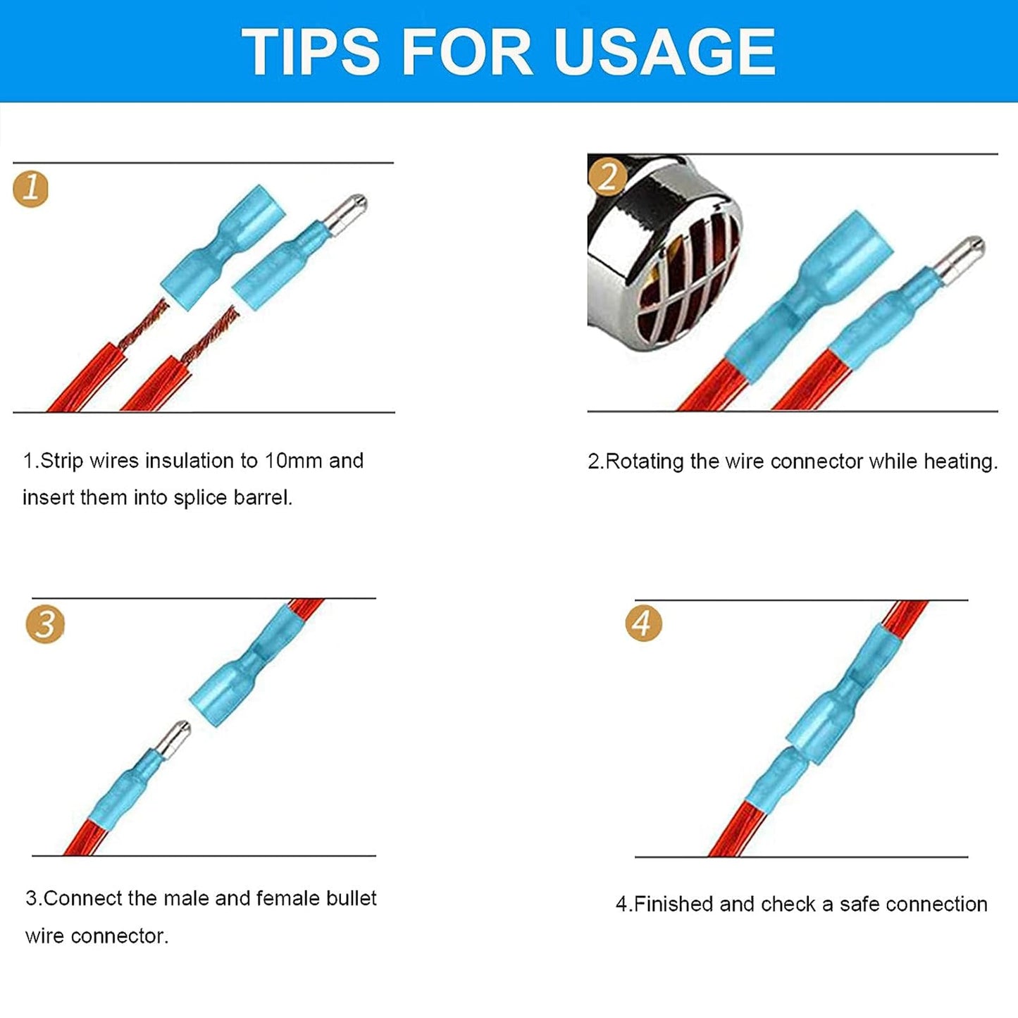 200PCS Heat Shrink Bullet Connectors, Bullet Terminals, Female and Male Crimp Connectors for Watercraft, Electronics, Automotive AWG16-14-Blue