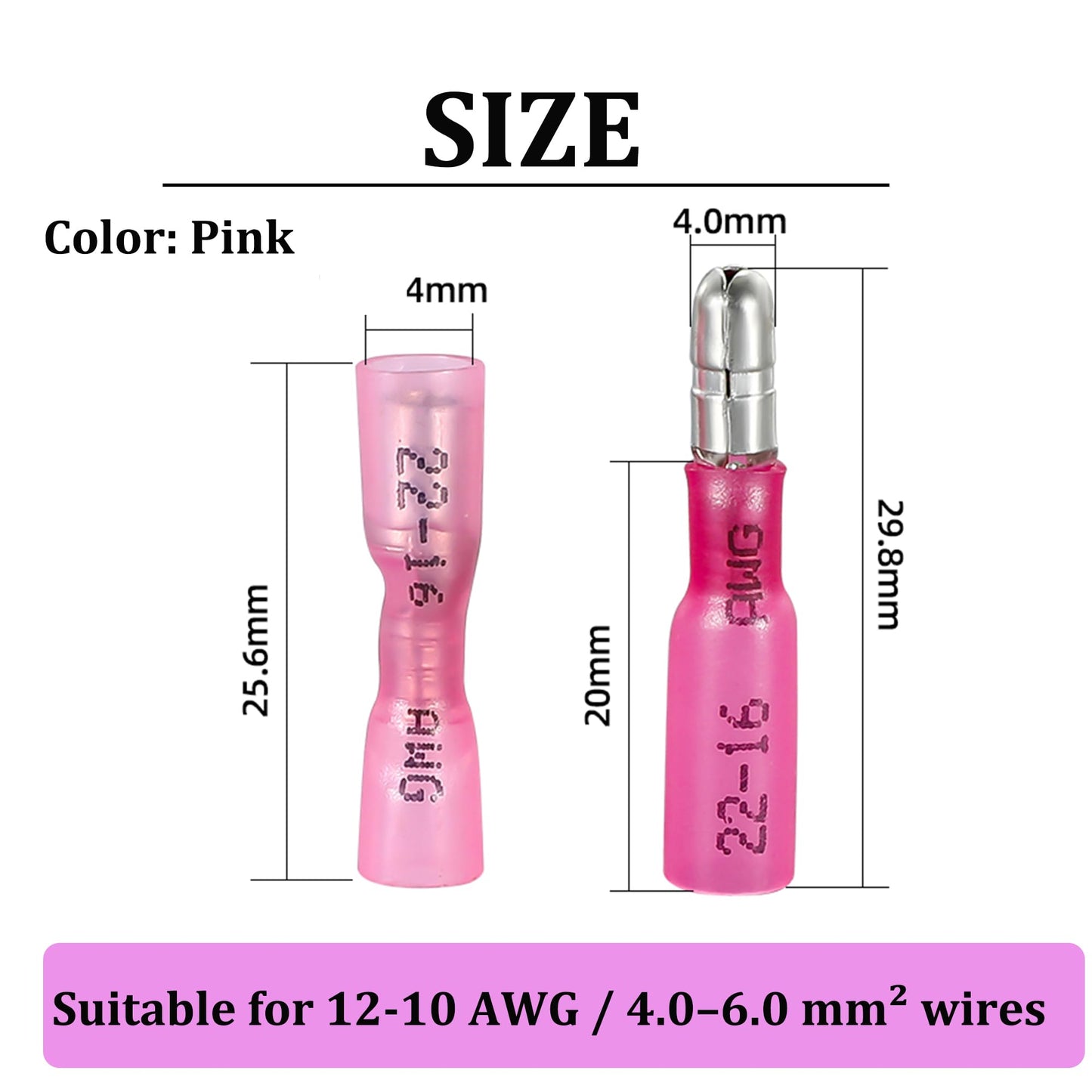 200PCS Heat Shrink Bullet Connectors, Bullet Terminals, Female and Male Crimp Connectors for Watercraft, Electronics, Automotive AWG22-18-Pink