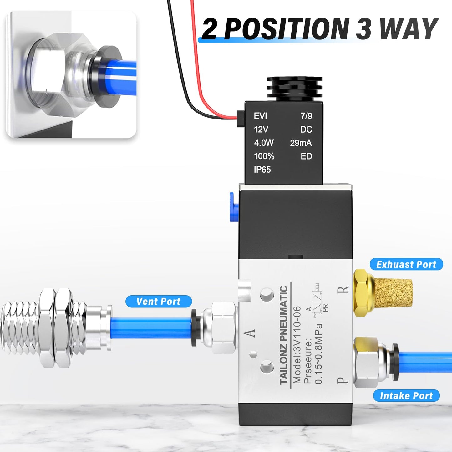 TAILONZ PNEUMATIC 1/4"NPT Solenoid Valve 3V210-08 DC12V Single Coil Pilot-Operated Electric 2 Position 3 Way Connection Type(Outlet wire)