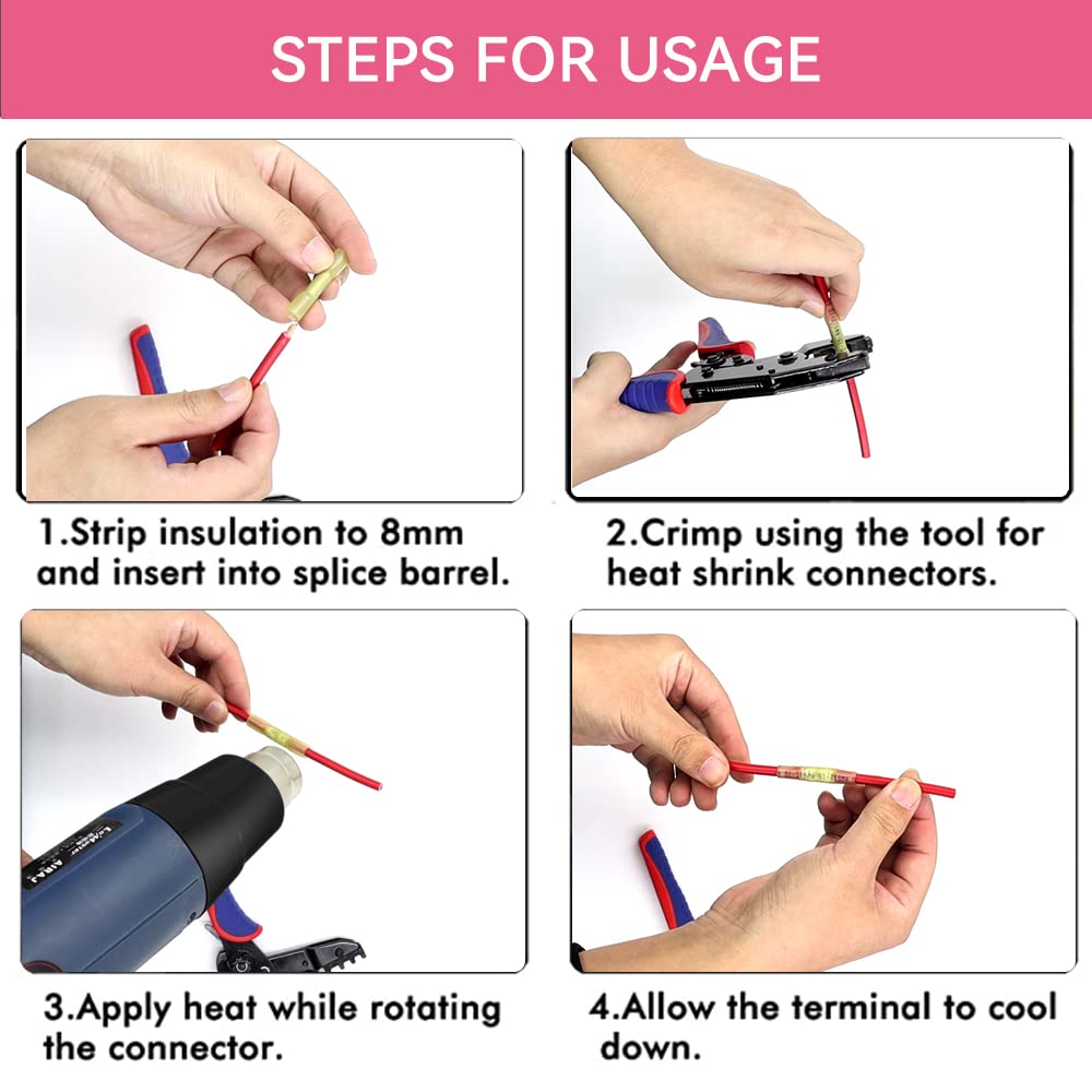 HKS Red 200 PCS Heat Shrink Butt Connector 22-16 AWG - Electrical Connectors - Tinned Red Copper 0.8mm - Automotive Marine Stereo Boat Crimp - Waterproof and Insulated