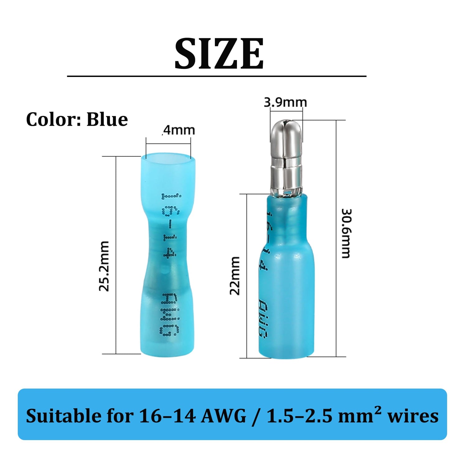 200PCS Heat Shrink Bullet Connectors, Bullet Terminals, Female and Male Crimp Connectors for Watercraft, Electronics, Automotive AWG16-14-Blue