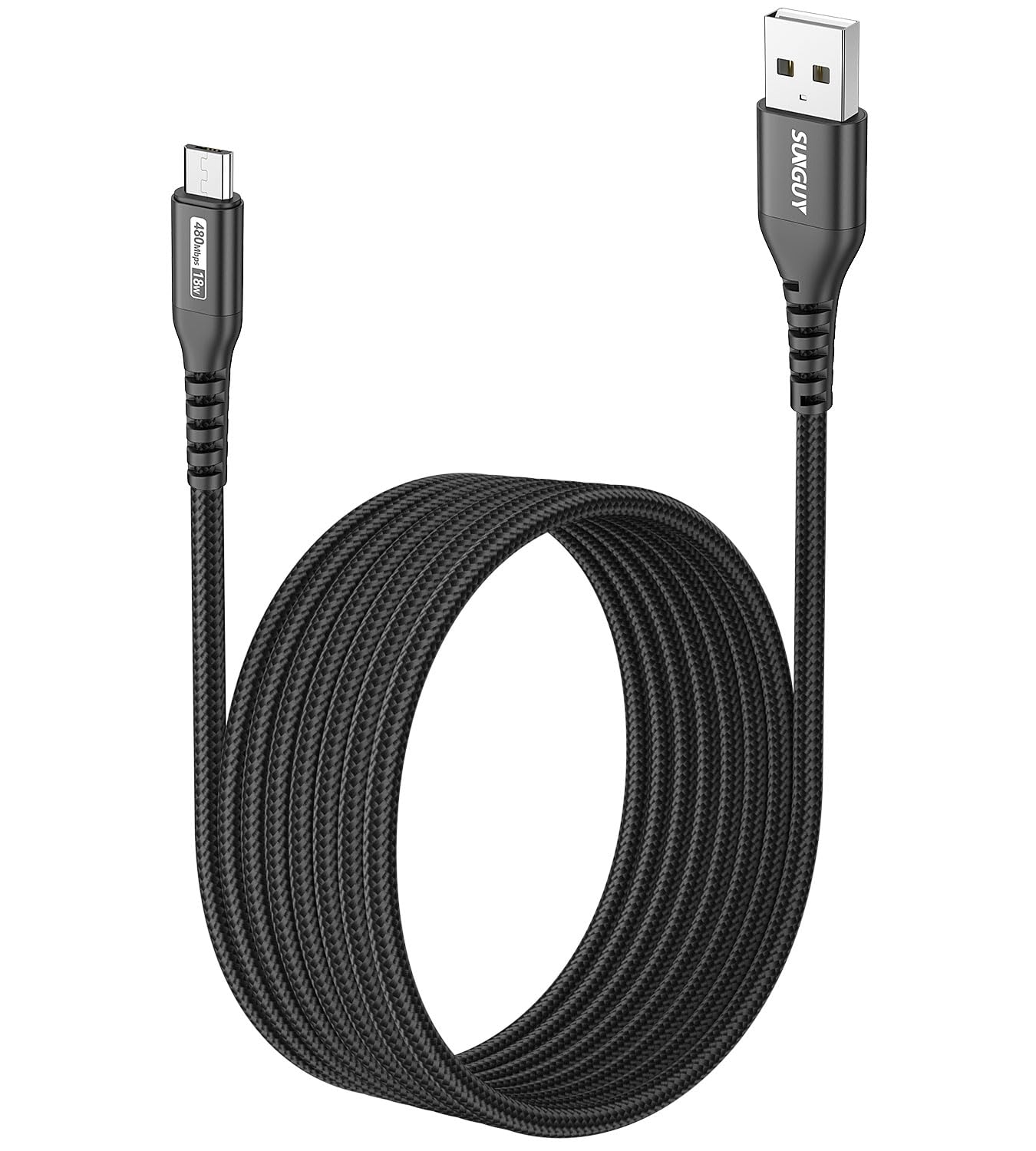 SUNGUY Micro USB Cable 10FT, 18W USB to Micro USB Cable Fast Charging USB 2.0 Data Transfer Nylon Braided for Samsung Galaxy S7 Edge S6, Power Bank, Android Phone, PS-Black