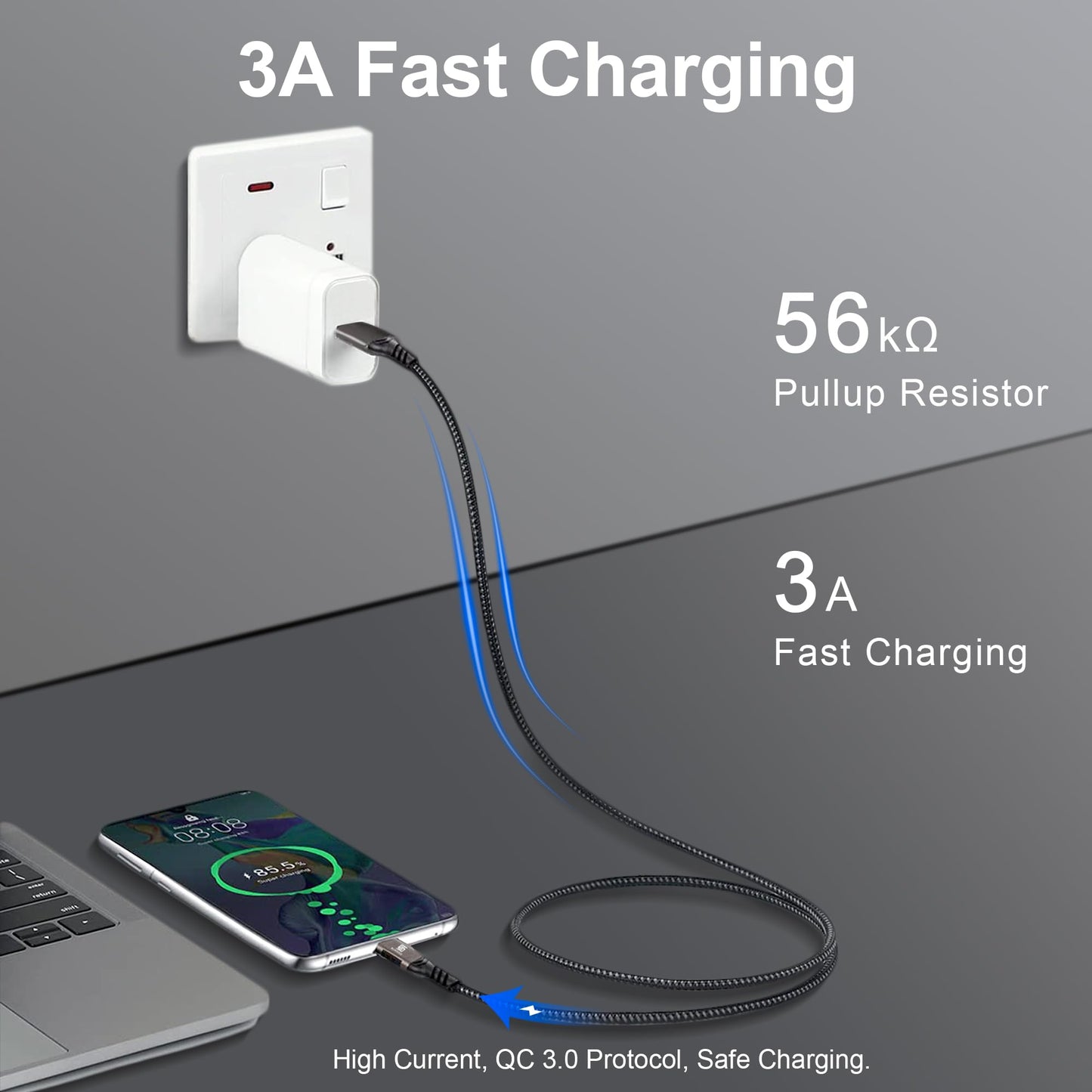 USB C Cable 10ft, USB-A to USB-C Cable USB 3.1 USB 3.2 Gen2 10Gbps Data Charger Cord for Samsung Galaxy S24 S23 S22 S21 S20 S10 S9 S8+, Android Auto USB Cord and iPhone 15/15 Pro, Nylon Braided.