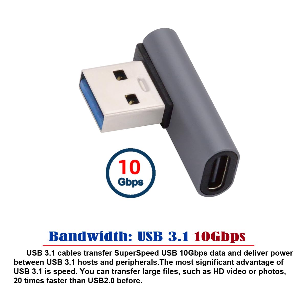 CY USB-C Type C Female Low Profile 90 Degree Left Angled to USB 3.0 A Male Data Adapter for Laptop Desktop