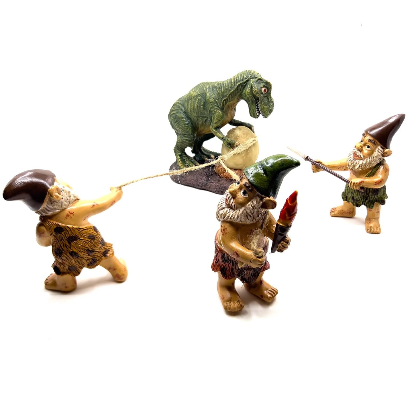 BELLA HAUS DESIGN Caveman Gnome Tyrannosaurus Rex Egg Heist Garden Statue – Funny Dinosaur & Gnome Outdoor Decor for Yard, Patio, or Garden – Whimsical 4-Piece Resin Figurine Set (Dinosaur Egg Heist)