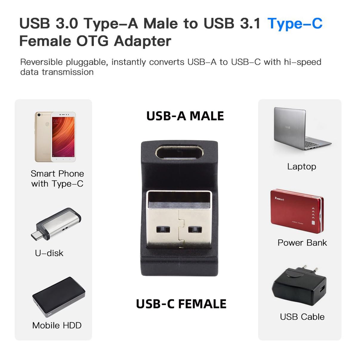 CY USB-C Type C Female Up Opposite U Shape Back Angled to USB 3.0 A Male Data Adapter for Laptop Desktop
