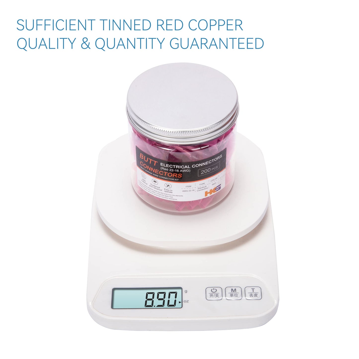 HKS Red 200 PCS Heat Shrink Butt Connector 22-16 AWG - Electrical Connectors - Tinned Red Copper 0.8mm - Automotive Marine Stereo Boat Crimp - Waterproof and Insulated