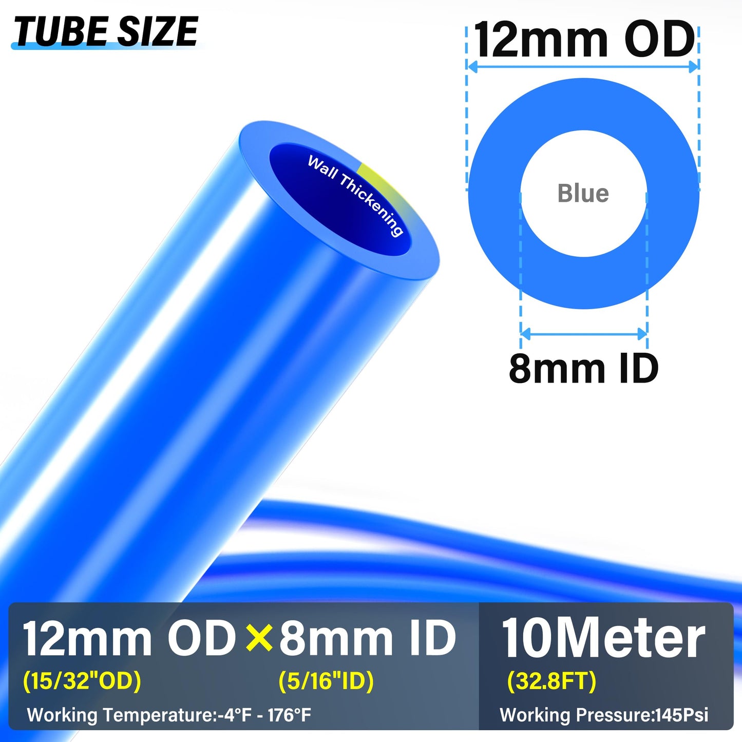 TAILONZ PNEUMATIC 12mm OD 8mm ID Polyurethane PU Air Hose Pipe Tube Kit 10 Meter 32.8ft