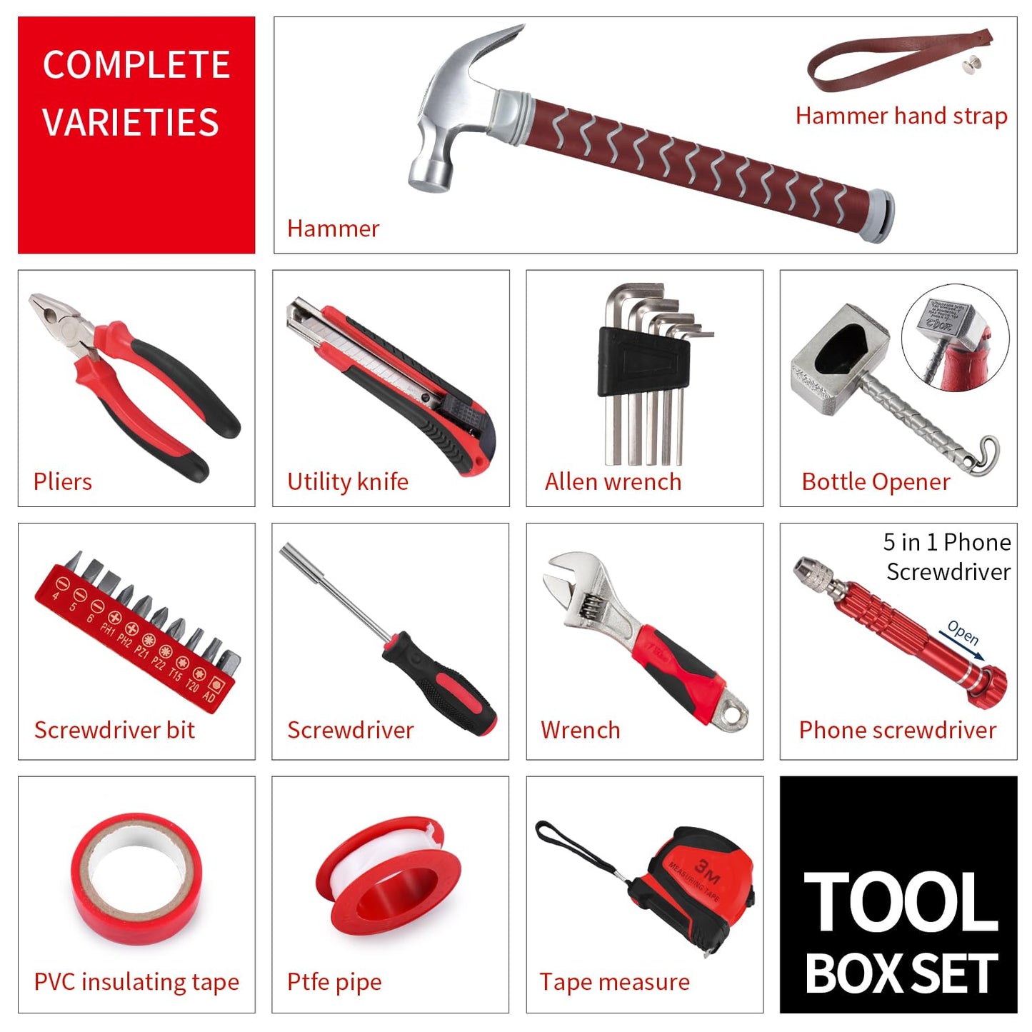TOKKOT Thor Hammer Tool Box, 28pcs Multifunctional Home Repair Tool Set Excellent Hand Tool Novelty Gift for Men as Father's Day Prop Hammer (Silver)