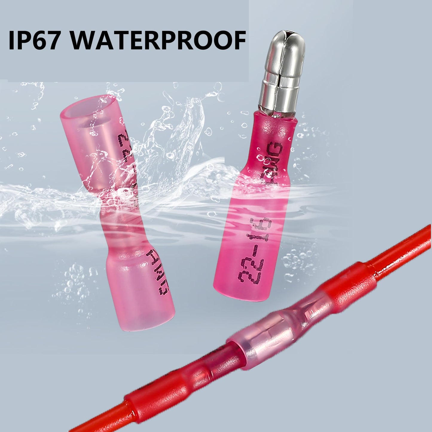 200PCS Heat Shrink Bullet Connectors, Bullet Terminals, Female and Male Crimp Connectors for Watercraft, Electronics, Automotive AWG22-18-Pink