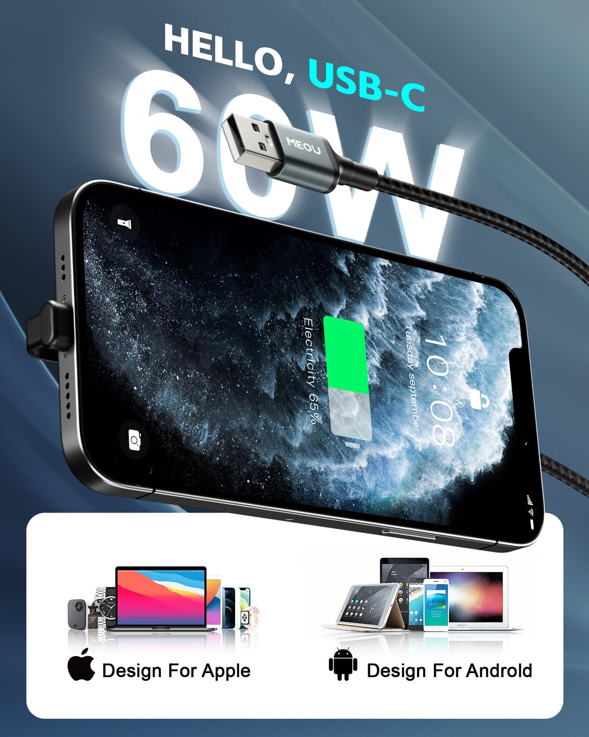 USB to USB C Cable 10ft, 60W USB A to USB C Fast Charging Cable, Right Angle USB C Cord Nylon Braided for iPhone 16/15, iPad Pro, Samsung Galaxy S21/S22/S23/S24, Note 20 10, Pixel 8, Nintendo etc.