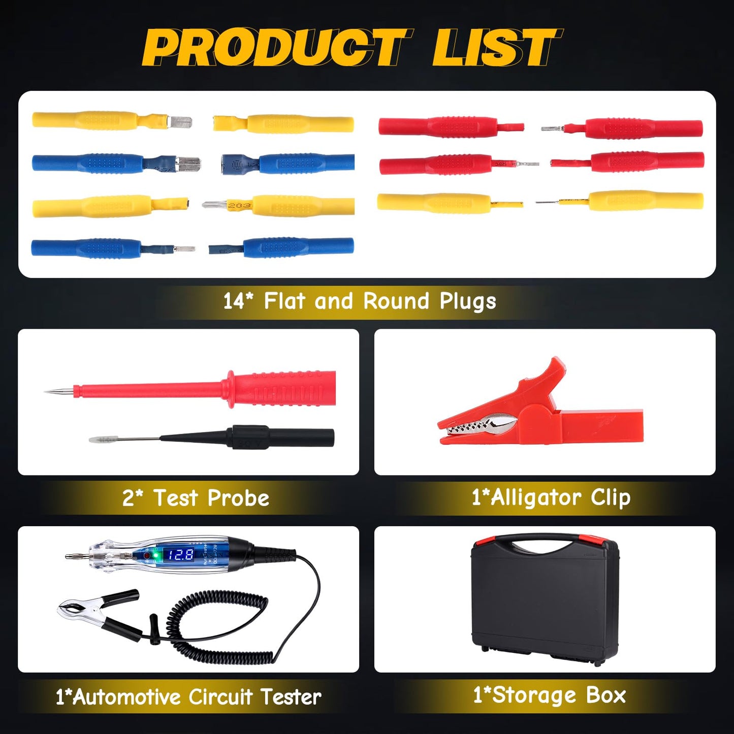 AWBLIN Test Light Probe Kit, 3-72V DC LED Digital Automotive Circuit Tester with Voltmeter, 18 Pieces Multi Function Auto Fuse Voltage Tester Electric Probe Test Kit with Black Carrying Case
