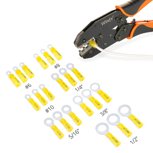Wirefy 90 PCS Heat Shrink Ring Terminals 5/16" - a Resistant Ring Connectors - Eyelet Wire Connectors - Yellow 10-12 AWG