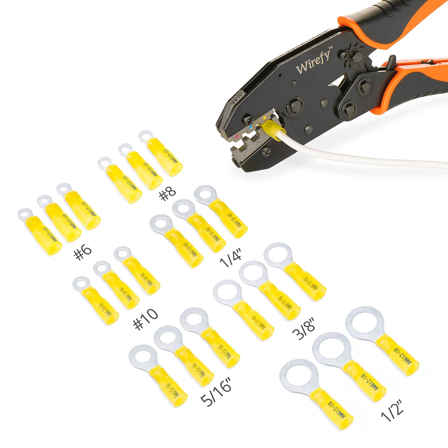 Wirefy 90 PCS Heat Shrink Ring Terminals 3/8" - a Resistant Ring Connectors - Eyelet Wire Connectors - Yellow 10-12 AWG