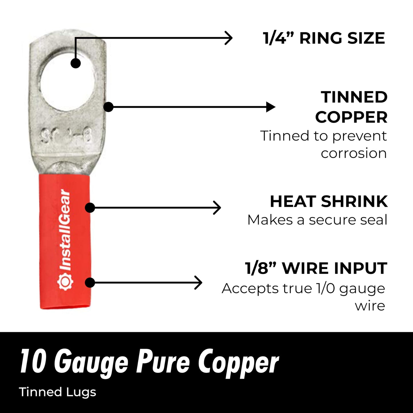 InstallGear 4 Gauge AWG Tinned Pure Copper Lugs Ring Terminals Connectors with Heat Shrink - 10-Pack | Electrical Connectors, Heat Shrink Wire Connectors for 4 Gauge Wire Terminals
